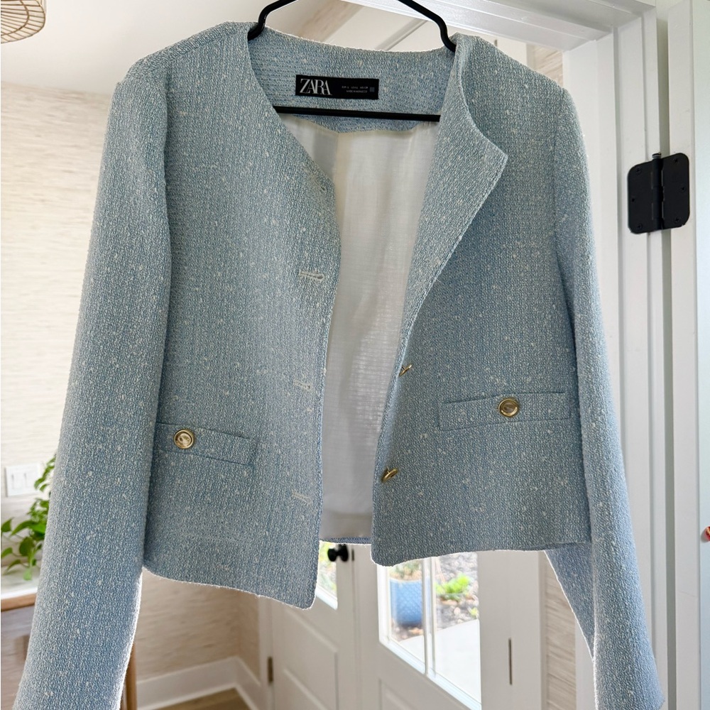 Zara Sky Blue Textured Blazer